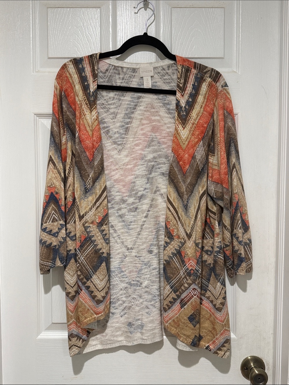 Chico's Multi-Color Tribal Open Cardigan — Rust, Navy, Tan